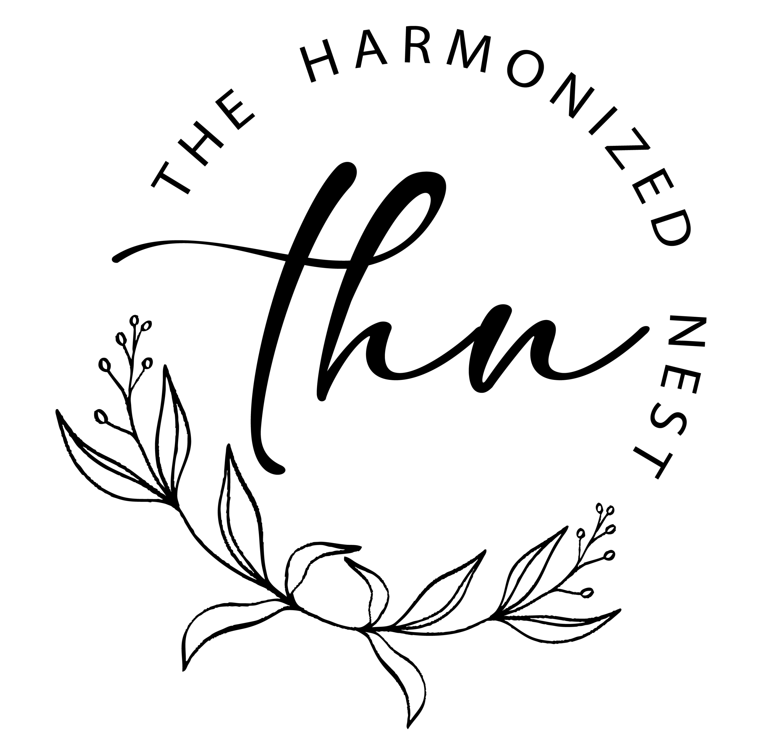Circular logo with "The Harmonized Nest," "thn," and a leafy branch underneath.