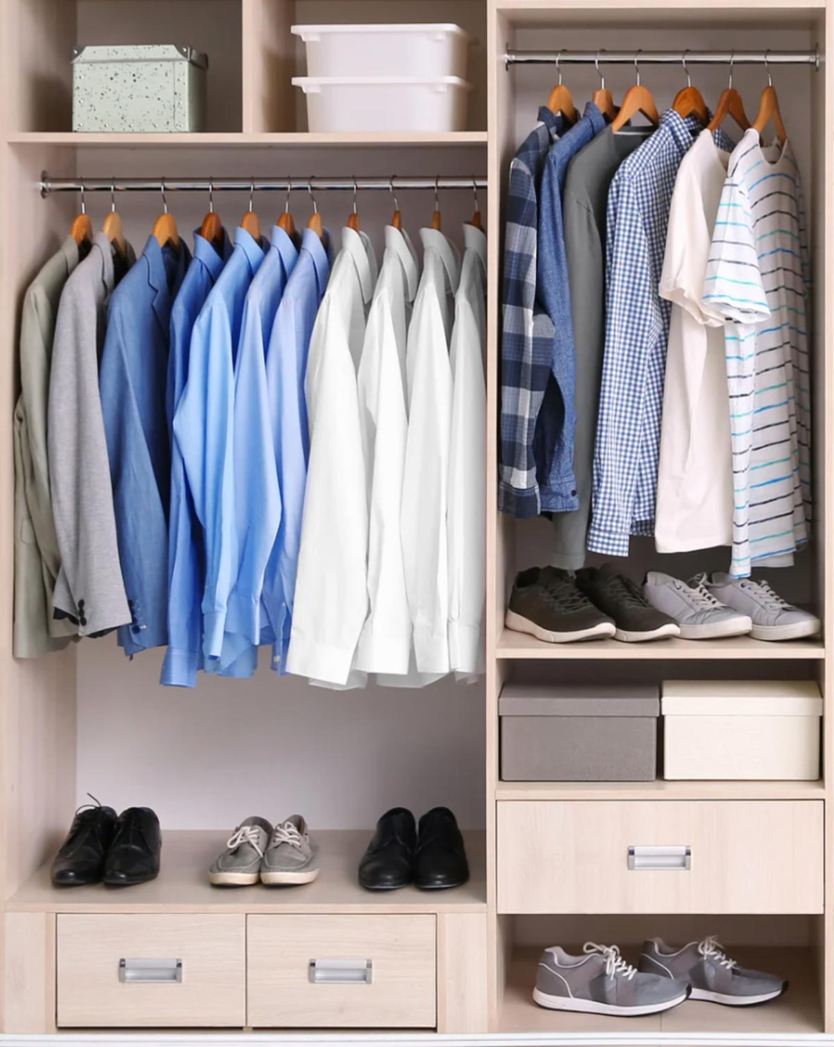 closet-2-img Organized closet with shirts on hangers, shoes below, and storage boxes on shelves and in drawers.