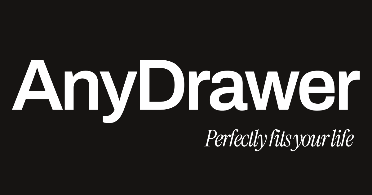 White text on black background reads "AnyDrawer" and "Perfectly fits your life" in two different fonts.